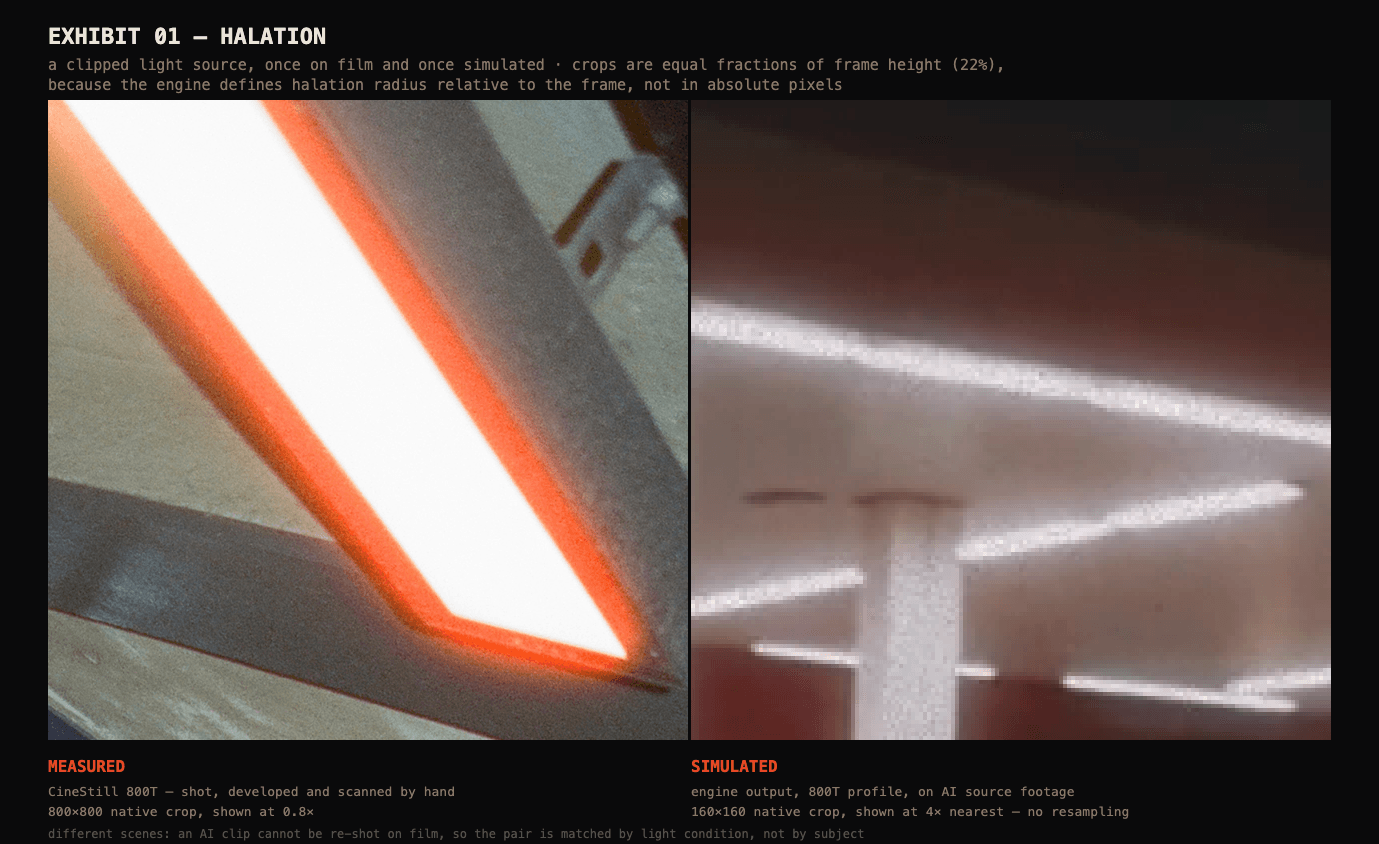 halation on a clipped highlight, engine output against the negative it was calibrated to
