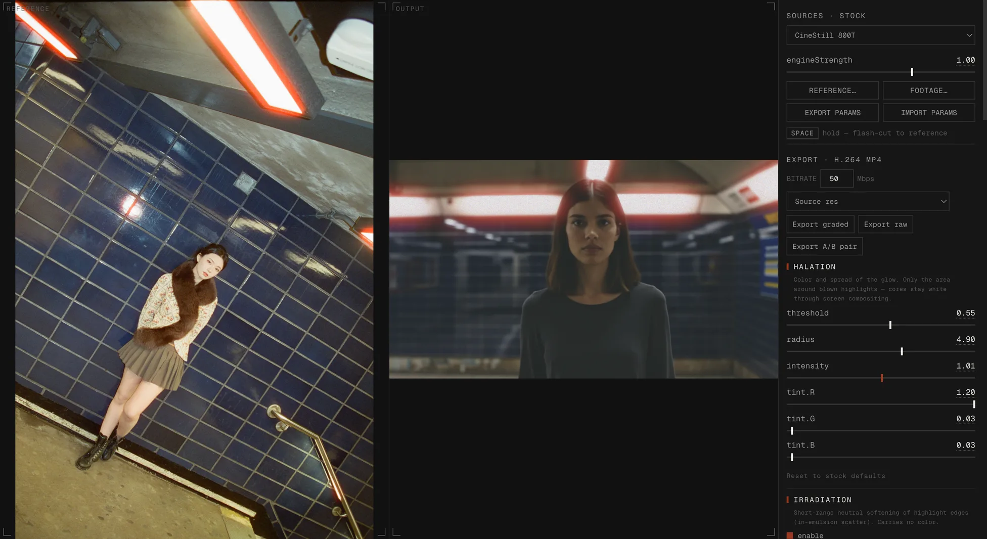 the calibration workbench · reference scan on the left, engine output on the right, the parameter panel on the right edge