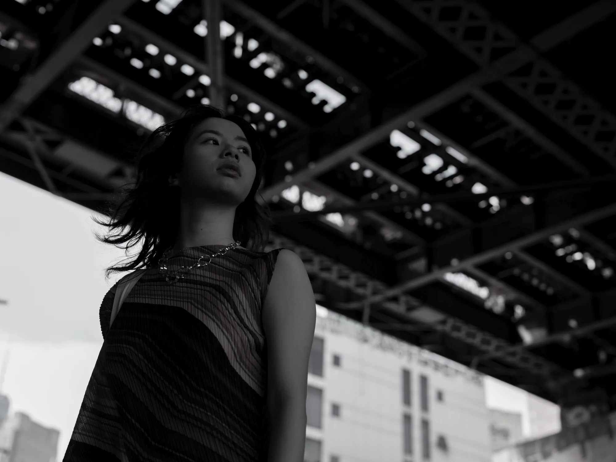 A monochrome portrait beneath a dark ceiling.